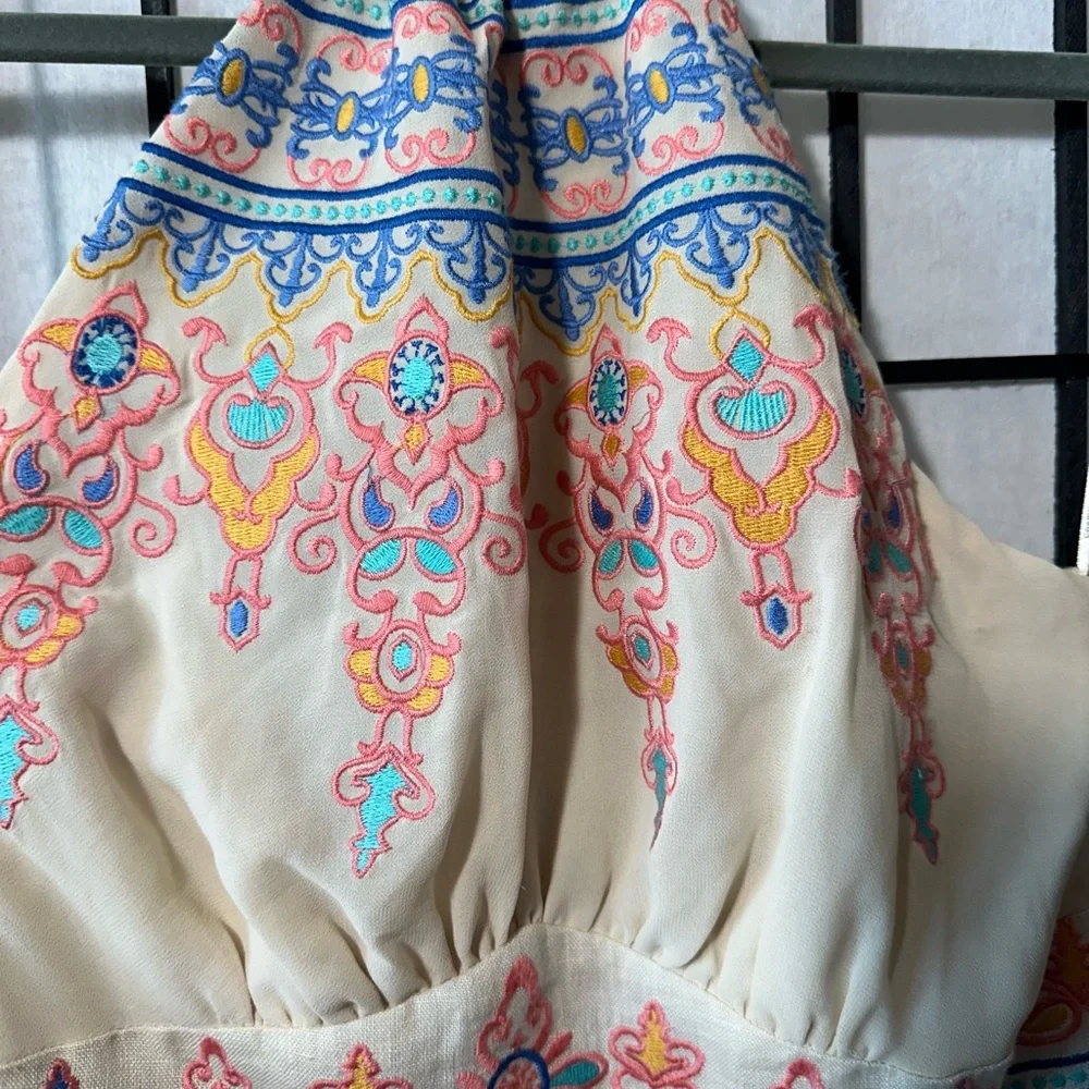 Boho Embroidered Cream Feminine Halter Maxi Dress Size M - Picture 3 of 8